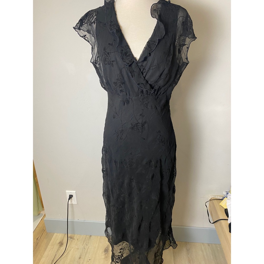 CDC Vintage 90's Black Floral Burnout Ruffle V-Neck Midi Dress Womens Size 10
